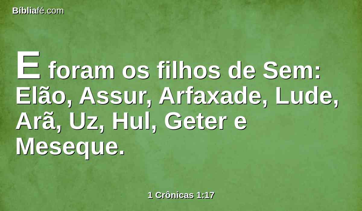 E foram os filhos de Sem: Elão, Assur, Arfaxade, Lude, Arã, Uz, Hul, Geter e Meseque.