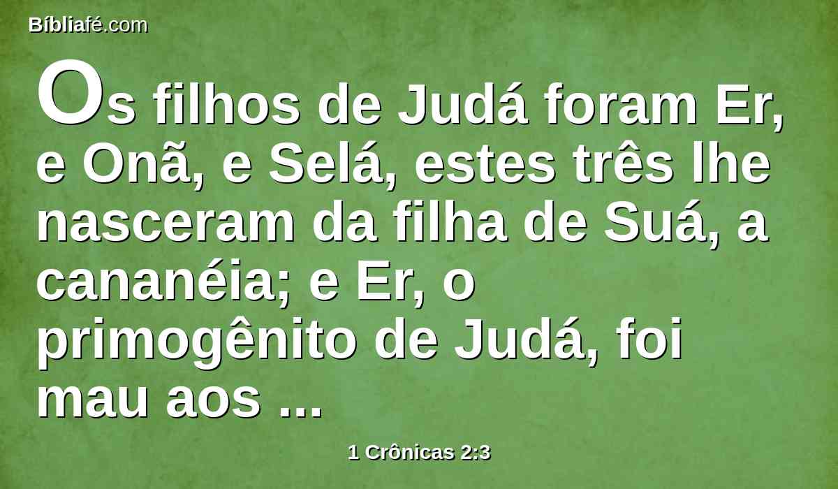 Os filhos de Judá foram Er, e Onã, e Selá, estes três lhe nasceram da filha de Suá, a cananéia; e Er, o primogênito de Judá, foi mau aos olhos do Senhor, pelo que o matou.