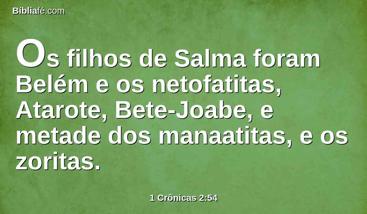 Os filhos de Salma foram Belém e os netofatitas, Atarote, Bete-Joabe, e metade dos manaatitas, e os zoritas.