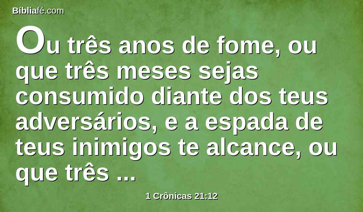 Ou três anos de fome, ou que três meses sejas consumido diante dos teus adversários, e a espada de teus inimigos te alcance, ou que três dias a espada do Senhor, isto é, a peste na terra, e o anjo do Senhor destrua todos os termos de Israel; vê, pois, agora, que resposta hei de levar a quem me enviou.