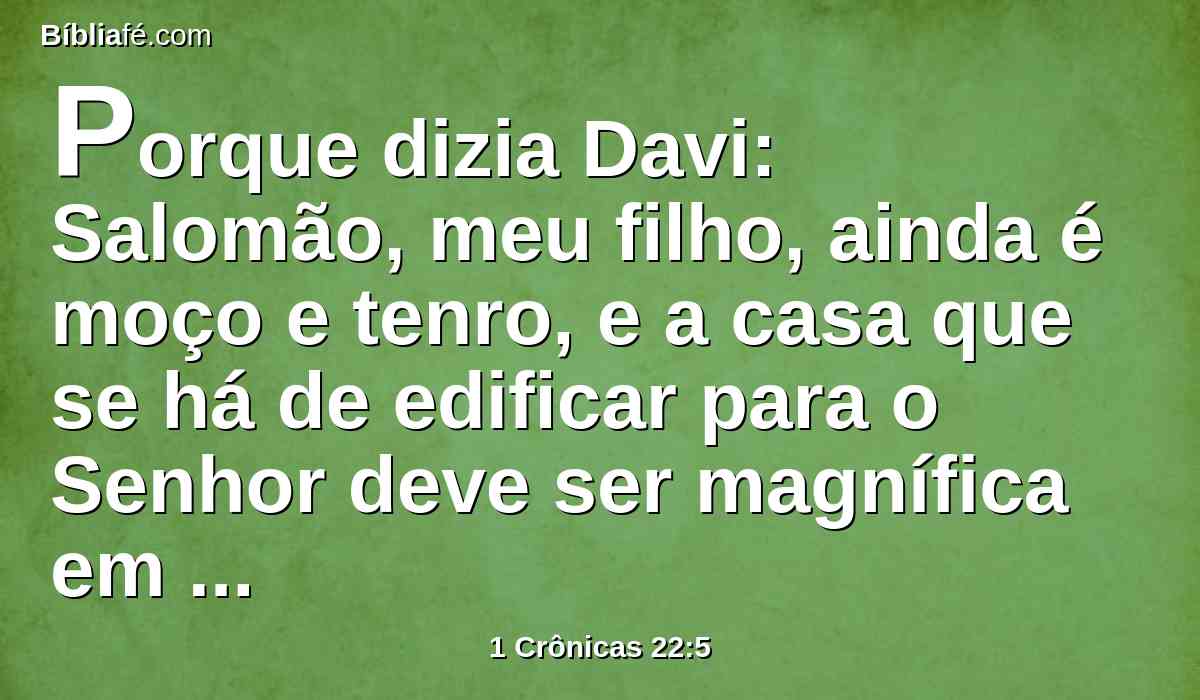 Porque dizia Davi: Salomão, meu filho, ainda é moço e tenro, e a casa que se há de edificar para o Senhor deve ser magnífica em excelência, para nome e glória em todas as terras; eu, pois, agora lhe prepararei materiais. Assim preparou Davi materiais em abundância, antes da sua morte.