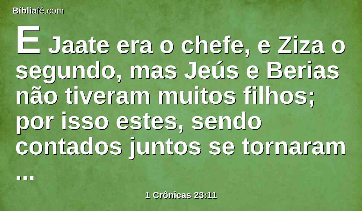 E Jaate era o chefe, e Ziza o segundo, mas Jeús e Berias não tiveram muitos filhos; por isso estes, sendo contados juntos se tornaram uma só família.