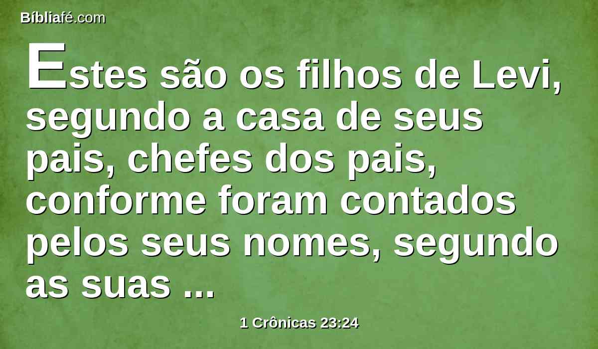 Estes são os filhos de Levi, segundo a casa de seus pais, chefes dos pais, conforme foram contados pelos seus nomes, segundo as suas cabeças, que faziam a obra do ministério da casa do Senhor, desde a idade de vinte anos para cima.