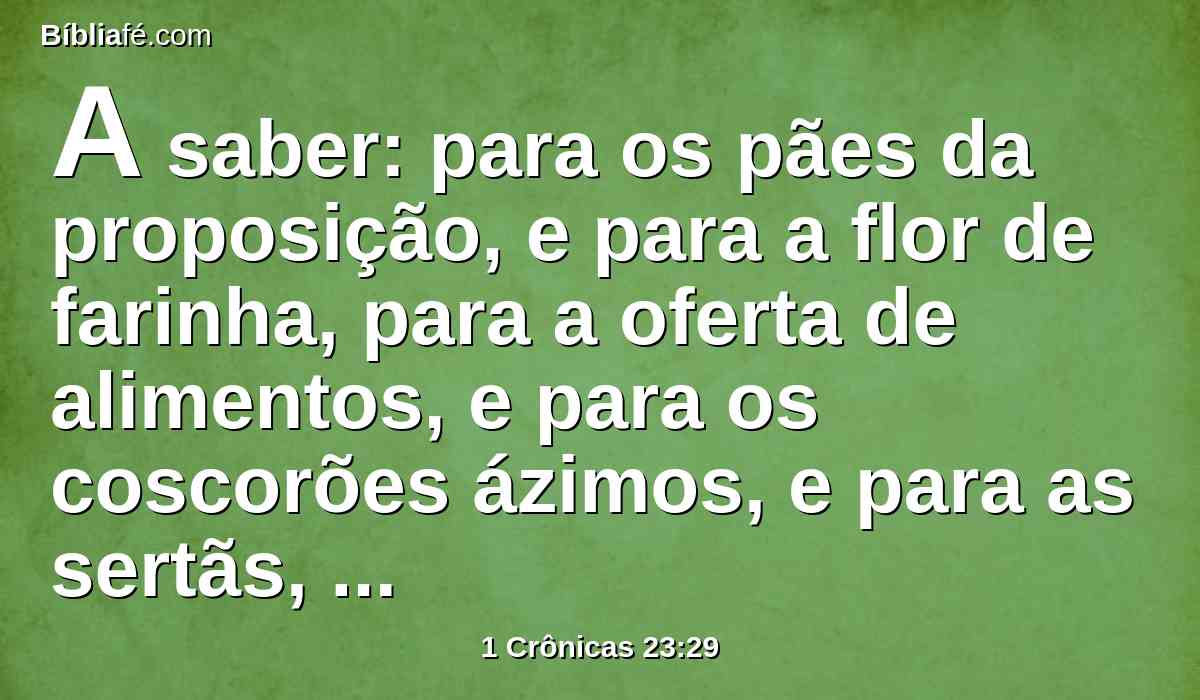A saber: para os pães da proposição, e para a flor de farinha, para a oferta de alimentos, e para os coscorões ázimos, e para as sertãs, e para o tostado, e para todo o peso e medida;