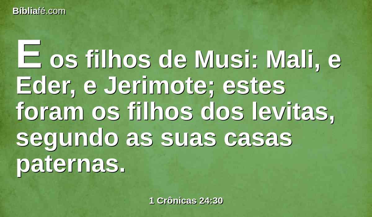 E os filhos de Musi: Mali, e Eder, e Jerimote; estes foram os filhos dos levitas, segundo as suas casas paternas.