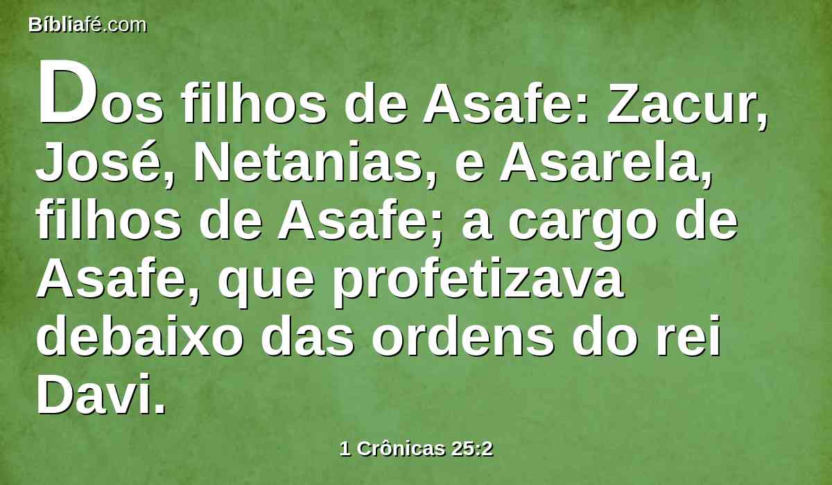 Dos filhos de Asafe: Zacur, José, Netanias, e Asarela, filhos de Asafe; a cargo de Asafe, que profetizava debaixo das ordens do rei Davi.