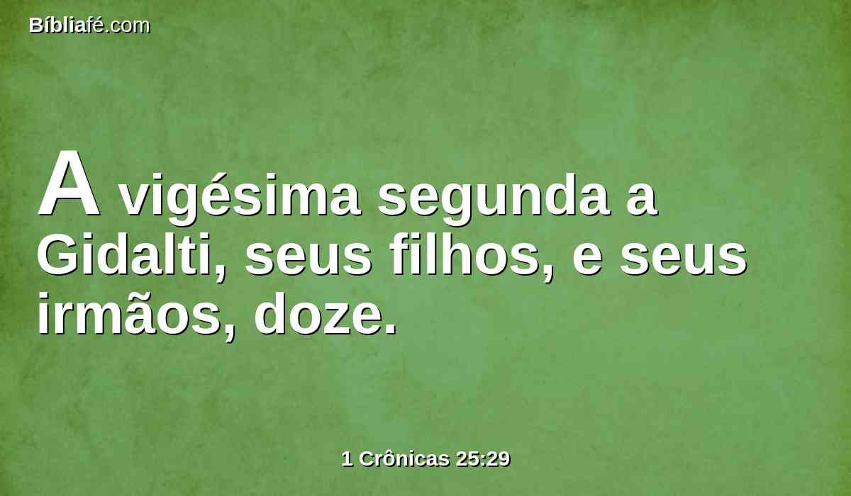 A vigésima segunda a Gidalti, seus filhos, e seus irmãos, doze.