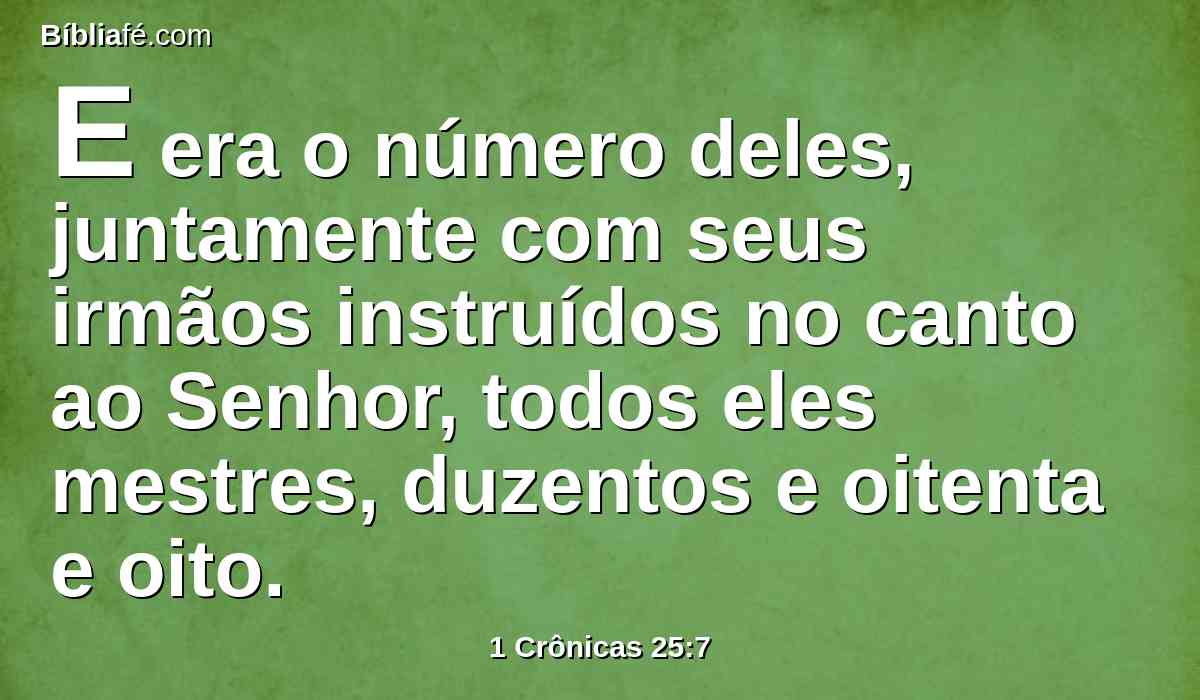 E era o número deles, juntamente com seus irmãos instruídos no canto ao Senhor, todos eles mestres, duzentos e oitenta e oito.