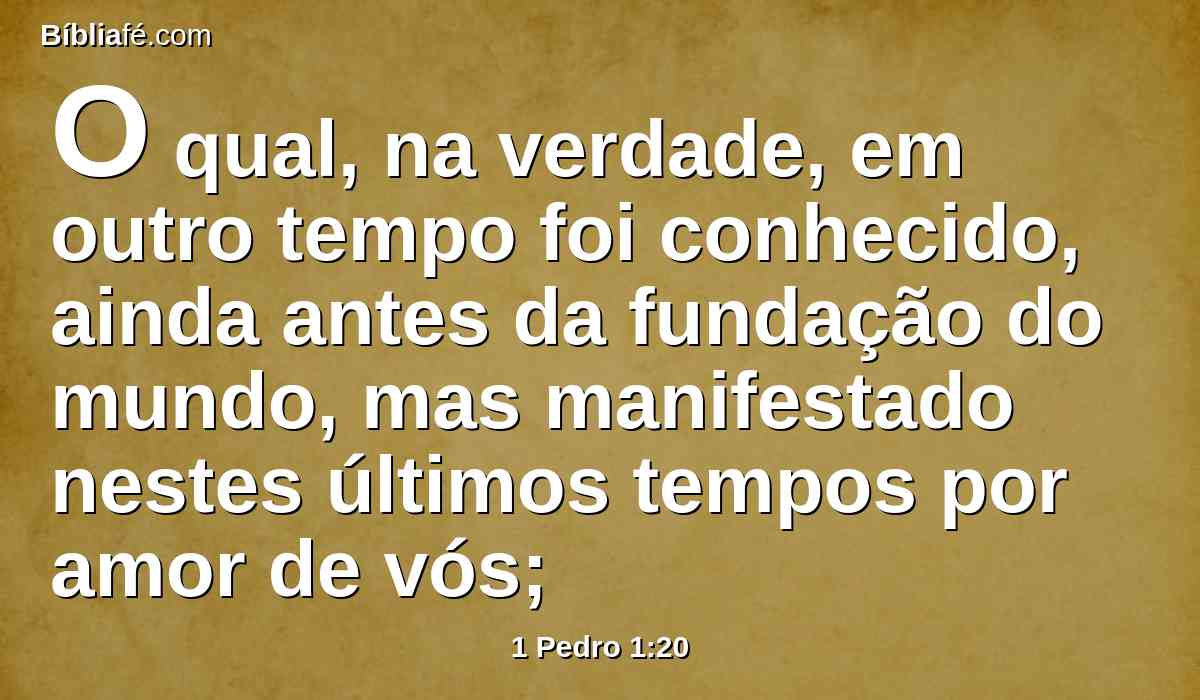 O qual, na verdade, em outro tempo foi conhecido, ainda antes da fundação do mundo, mas manifestado nestes últimos tempos por amor de vós;