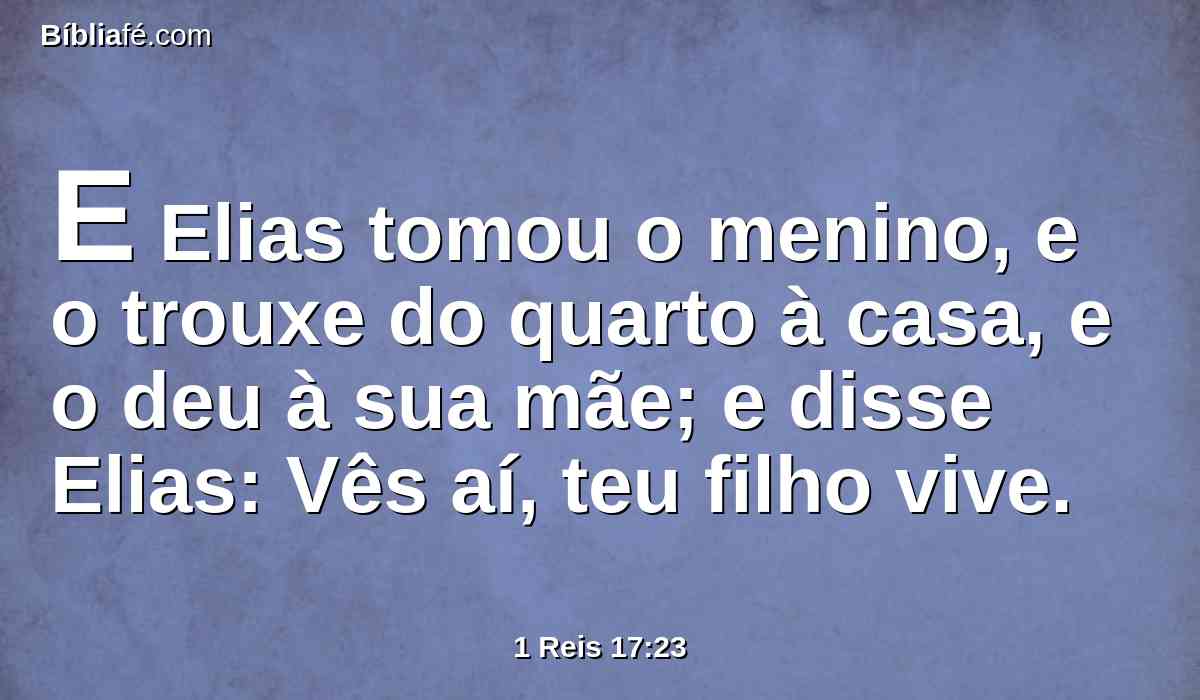 E Elias tomou o menino, e o trouxe do quarto à casa, e o deu à sua mãe; e disse Elias: Vês aí, teu filho vive.