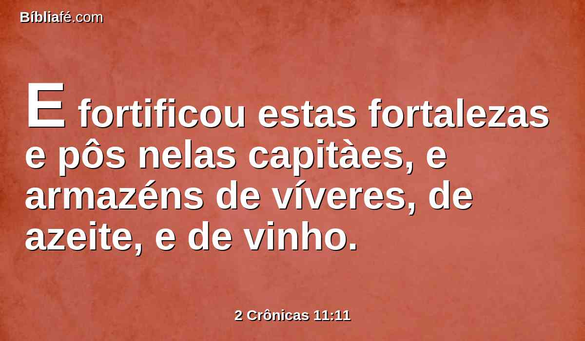 E fortificou estas fortalezas e pôs nelas capitàes, e armazéns de víveres, de azeite, e de vinho.