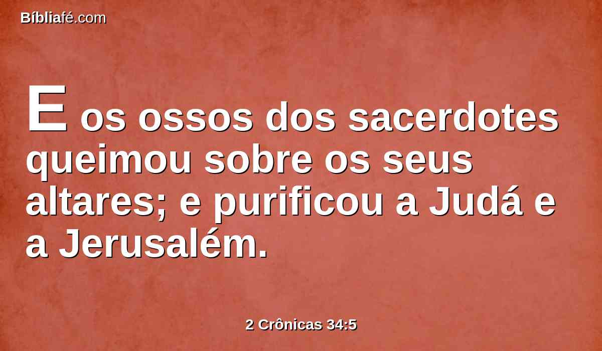 E os ossos dos sacerdotes queimou sobre os seus altares; e purificou a Judá e a Jerusalém.