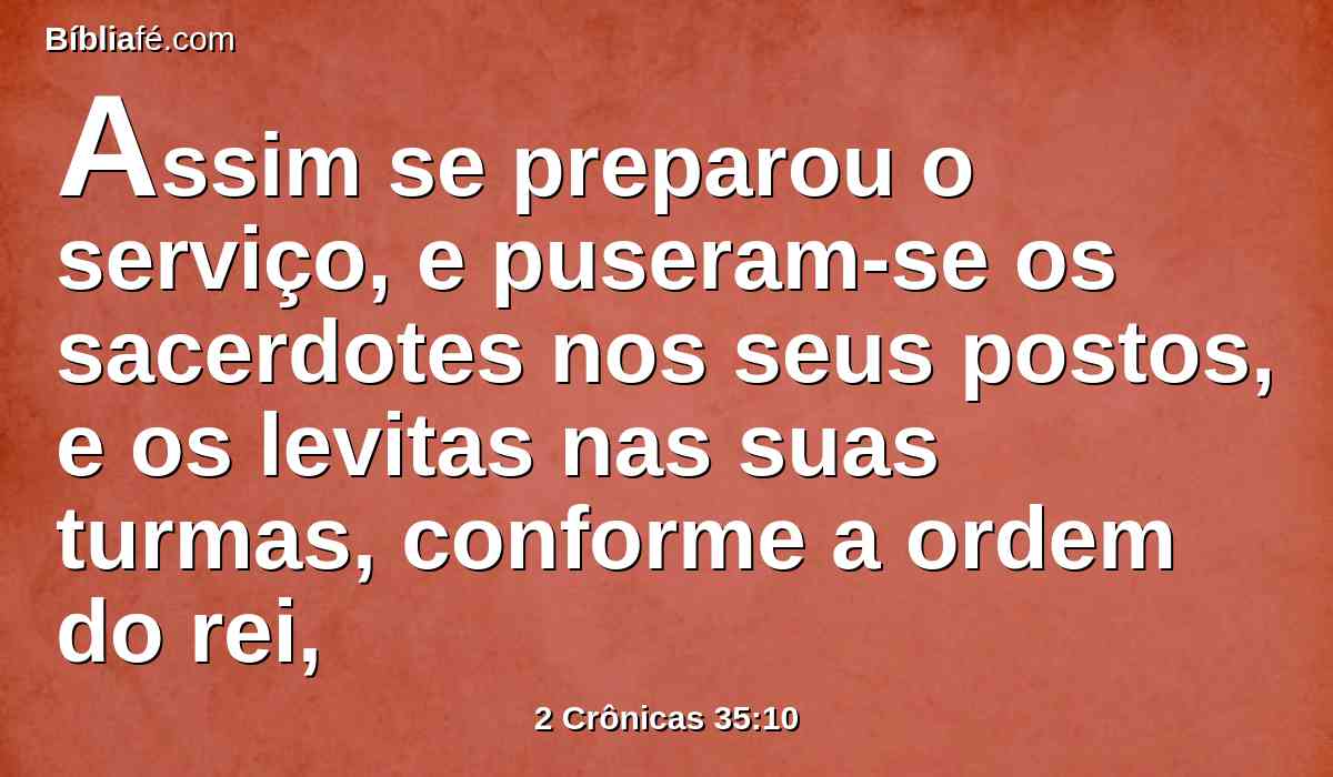 Assim se preparou o serviço, e puseram-se os sacerdotes nos seus postos, e os levitas nas suas turmas, conforme a ordem do rei,
