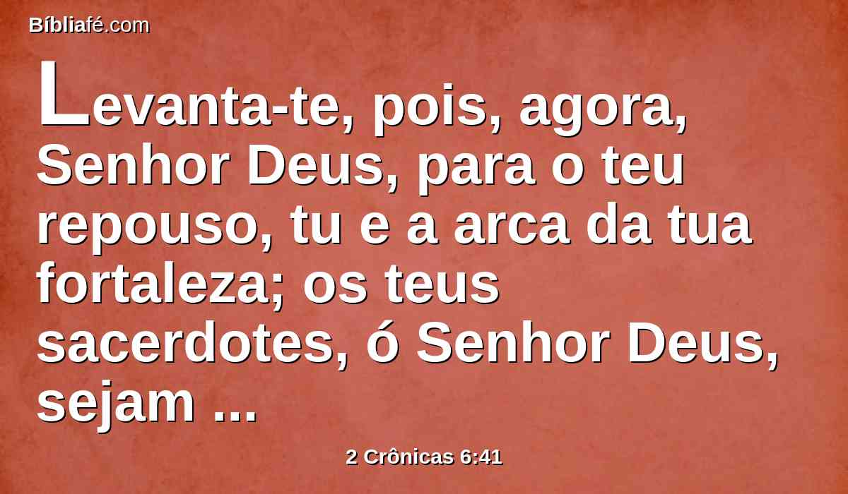 Levanta-te, pois, agora, Senhor Deus, para o teu repouso, tu e a arca da tua fortaleza; os teus sacerdotes, ó Senhor Deus, sejam vestidos de salvação, e os teus santos se alegrem do bem.