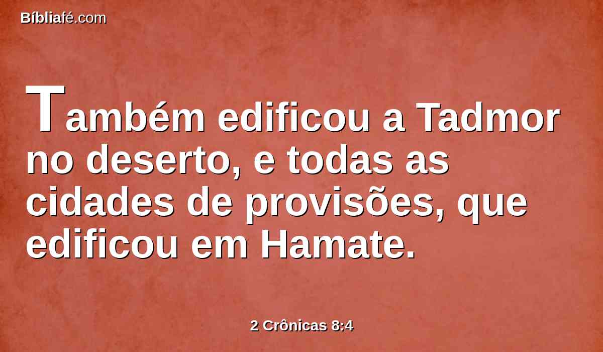 Também edificou a Tadmor no deserto, e todas as cidades de provisões, que edificou em Hamate.