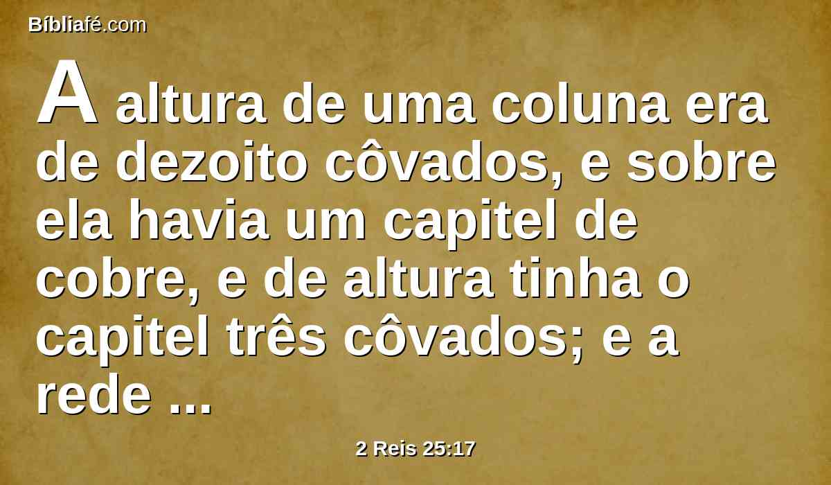 A altura de uma coluna era de dezoito côvados, e sobre ela havia um capitel de cobre, e de altura tinha o capitel três côvados; e a rede e as romãs em redor do capitel, tudo era de cobre; e semelhante a esta era a outra coluna com a rede.