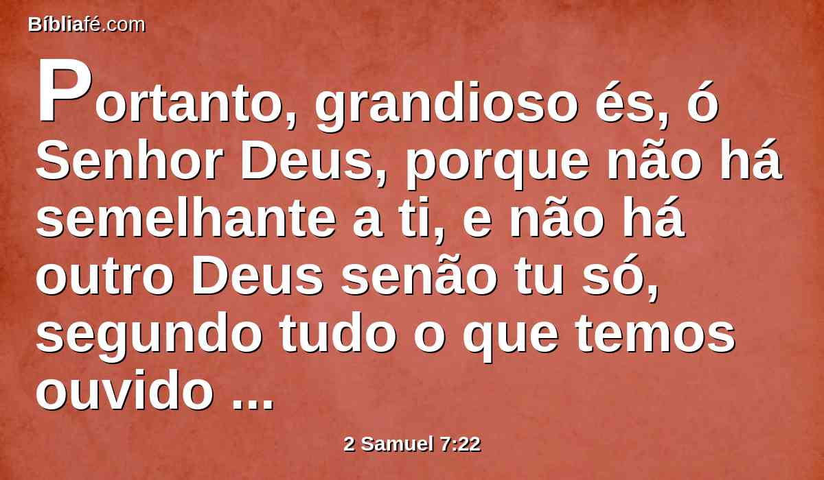 Portanto, grandioso és, ó Senhor Deus, porque não há semelhante a ti, e não há outro Deus senão tu só, segundo tudo o que temos ouvido com os nossos ouvidos.