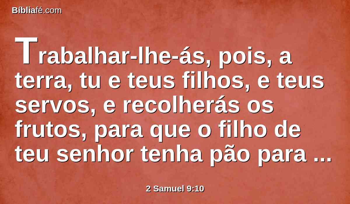 Trabalhar-lhe-ás, pois, a terra, tu e teus filhos, e teus servos, e recolherás os frutos, para que o filho de teu senhor tenha pão para comer; mas Mefibosete, filho de teu senhor, sempre comerá pão à minha mesa. E tinha Ziba quinze filhos e vinte servos.