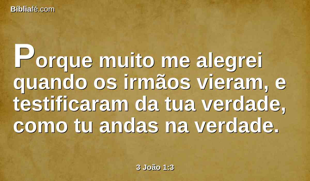 Porque muito me alegrei quando os irmãos vieram, e testificaram da tua verdade, como tu andas na verdade.