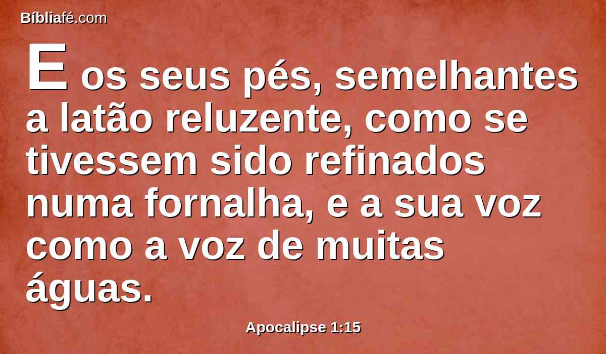 E os seus pés, semelhantes a latão reluzente, como se tivessem sido refinados numa fornalha, e a sua voz como a voz de muitas águas.