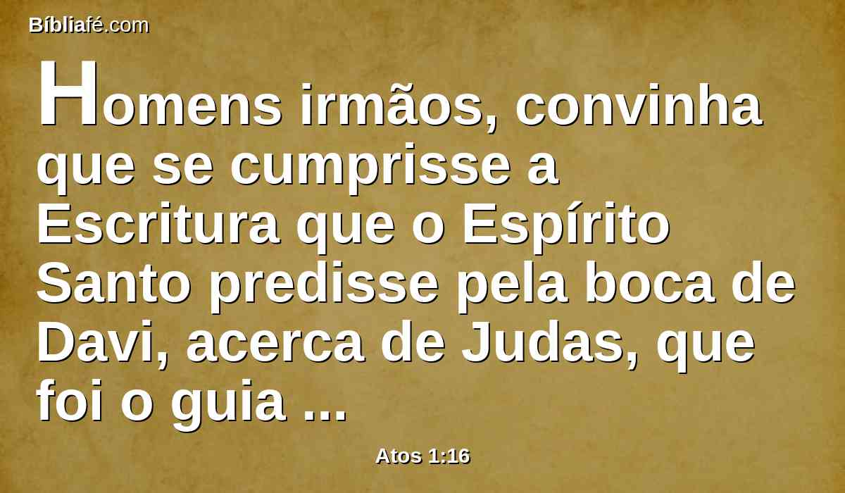 Homens irmãos, convinha que se cumprisse a Escritura que o Espírito Santo predisse pela boca de Davi, acerca de Judas, que foi o guia daqueles que prenderam a Jesus;