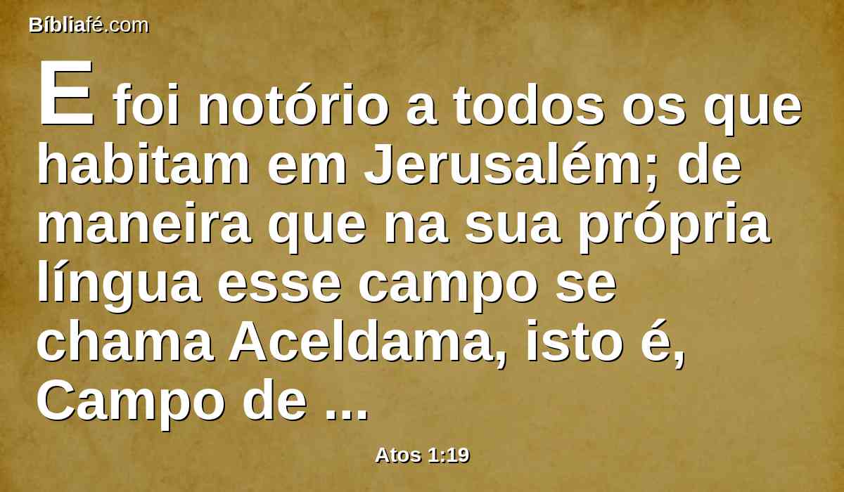 E foi notório a todos os que habitam em Jerusalém; de maneira que na sua própria língua esse campo se chama Aceldama, isto é, Campo de Sangue.