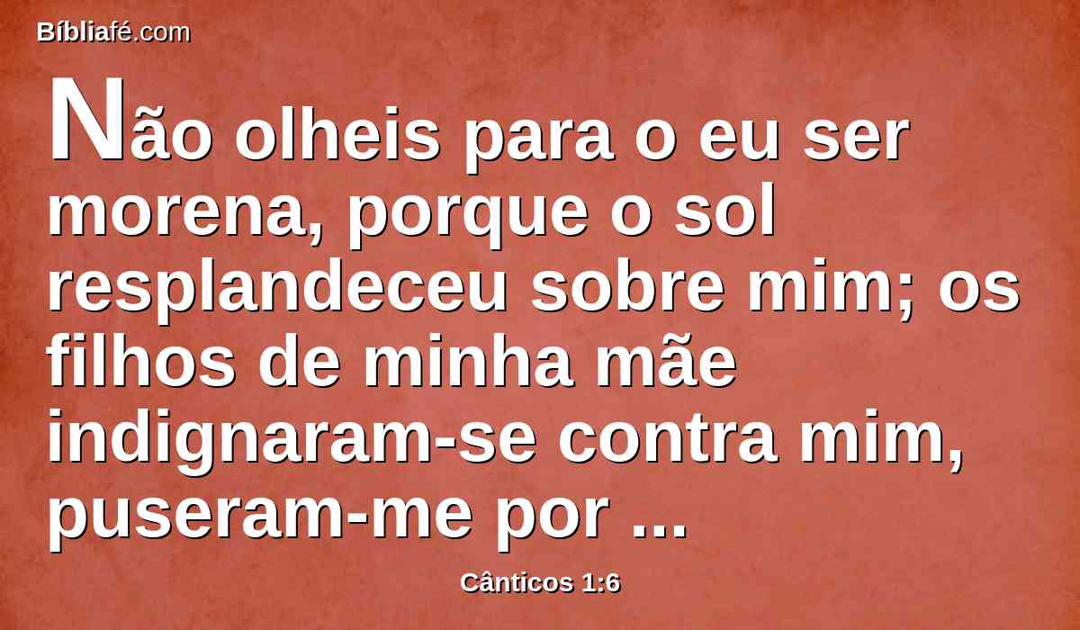 Não olheis para o eu ser morena, porque o sol resplandeceu sobre mim; os filhos de minha mãe indignaram-se contra mim, puseram-me por guarda das vinhas; a minha vinha, porém, não guardei.