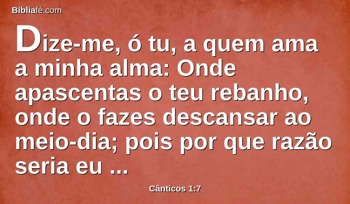 Dize-me, ó tu, a quem ama a minha alma: Onde apascentas o teu rebanho, onde o fazes descansar ao meio-dia; pois por que razão seria eu como a que anda errante junto aos rebanhos de teus companheiros?