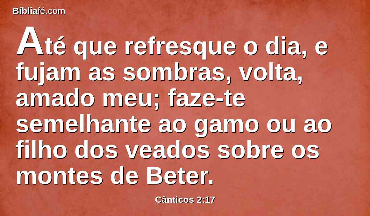 Até que refresque o dia, e fujam as sombras, volta, amado meu; faze-te semelhante ao gamo ou ao filho dos veados sobre os montes de Beter.