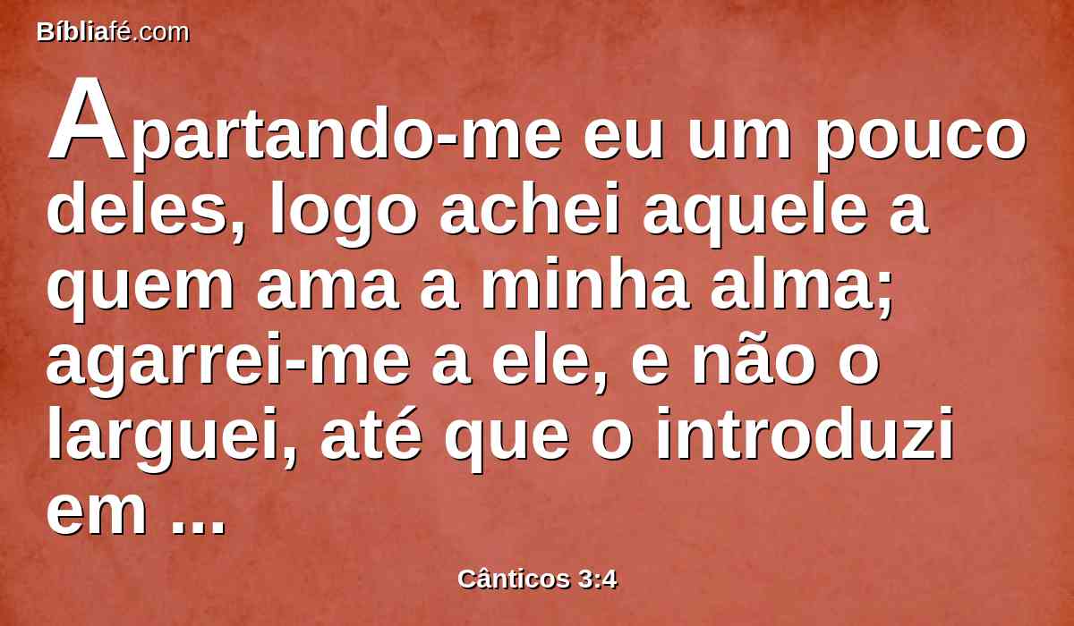 Apartando-me eu um pouco deles, logo achei aquele a quem ama a minha alma; agarrei-me a ele, e não o larguei, até que o introduzi em casa de minha mãe, na câmara daquela que me gerou.