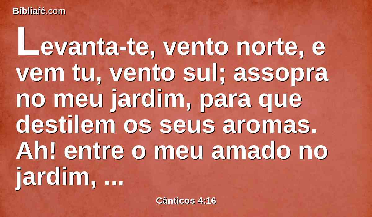 Levanta-te, vento norte, e vem tu, vento sul; assopra no meu jardim, para que destilem os seus aromas. Ah! entre o meu amado no jardim, e coma os seus frutos excelentes!