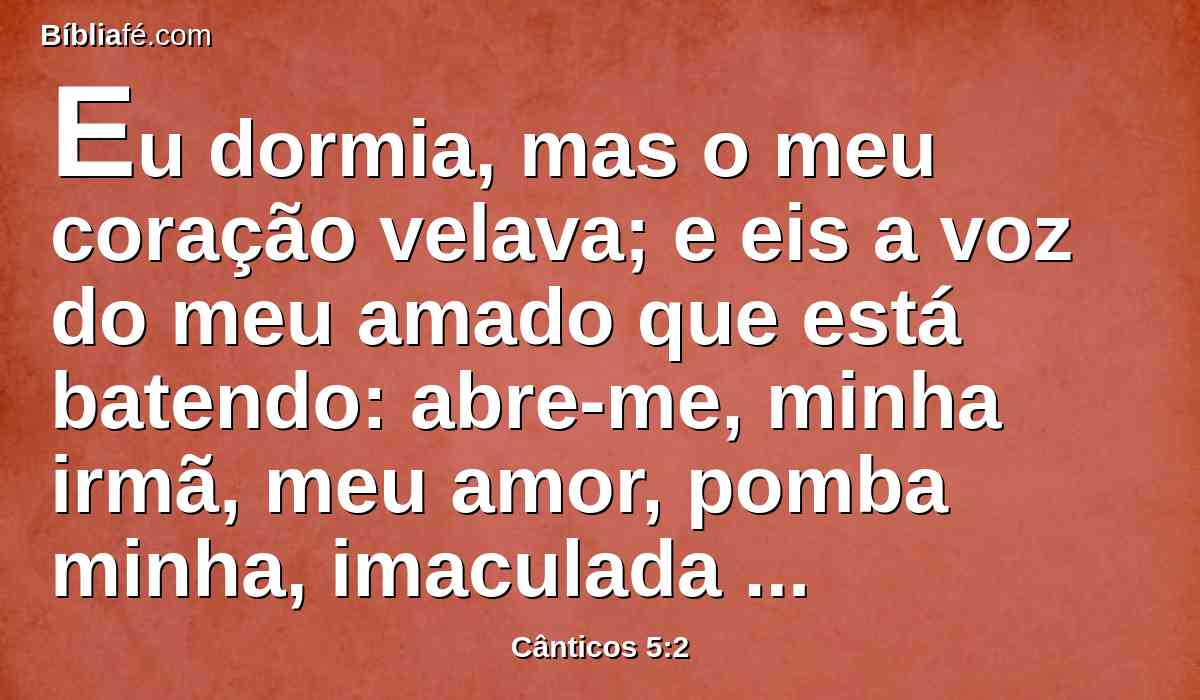 Eu dormia, mas o meu coração velava; e eis a voz do meu amado que está batendo: abre-me, minha irmã, meu amor, pomba minha, imaculada minha, porque a minha cabeça está cheia de orvalho, os meus cabelos das gotas da noite.