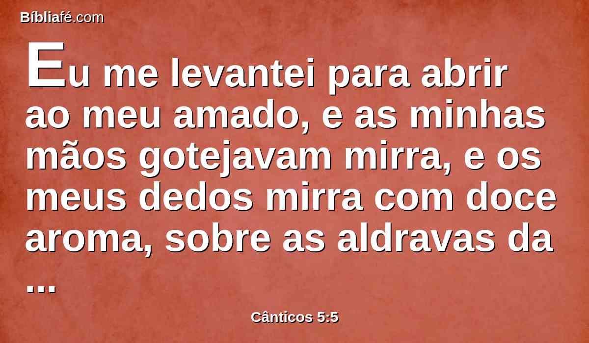 Eu me levantei para abrir ao meu amado, e as minhas mãos gotejavam mirra, e os meus dedos mirra com doce aroma, sobre as aldravas da fechadura.