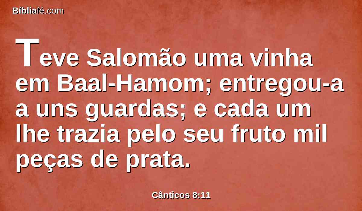 Teve Salomão uma vinha em Baal-Hamom; entregou-a a uns guardas; e cada um lhe trazia pelo seu fruto mil peças de prata.