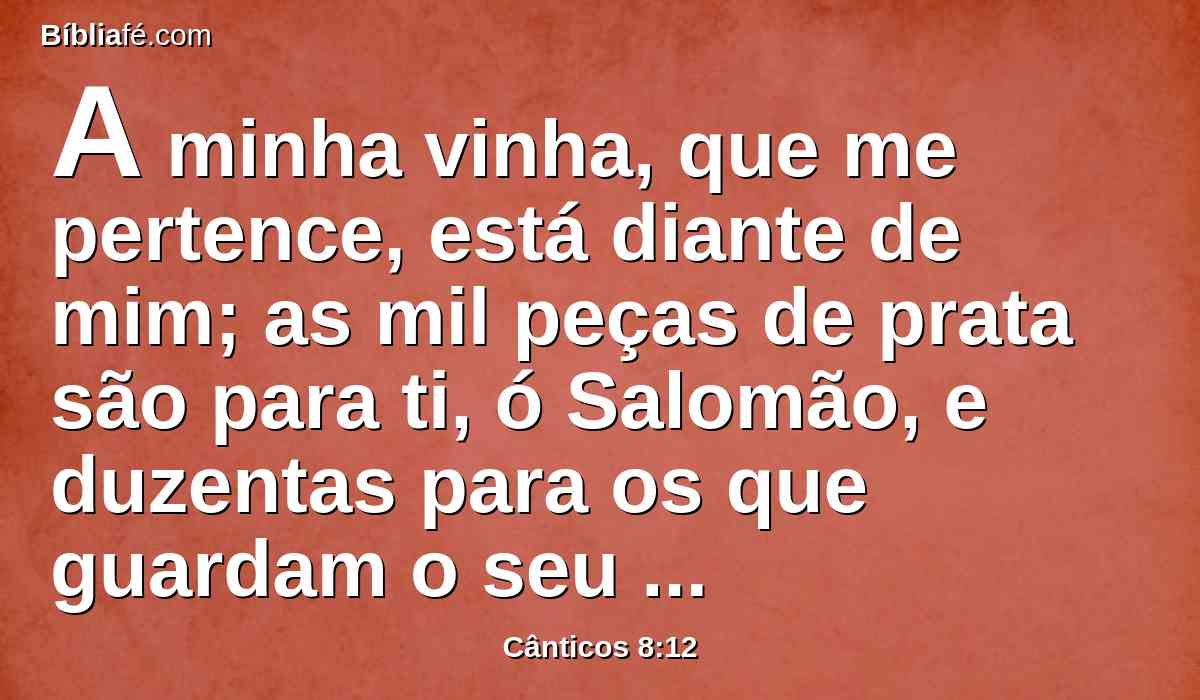 A minha vinha, que me pertence, está diante de mim; as mil peças de prata são para ti, ó Salomão, e duzentas para os que guardam o seu fruto.