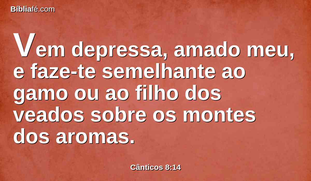 Vem depressa, amado meu, e faze-te semelhante ao gamo ou ao filho dos veados sobre os montes dos aromas.