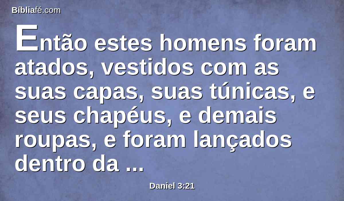 Então estes homens foram atados, vestidos com as suas capas, suas túnicas, e seus chapéus, e demais roupas, e foram lançados dentro da fornalha de fogo ardente.