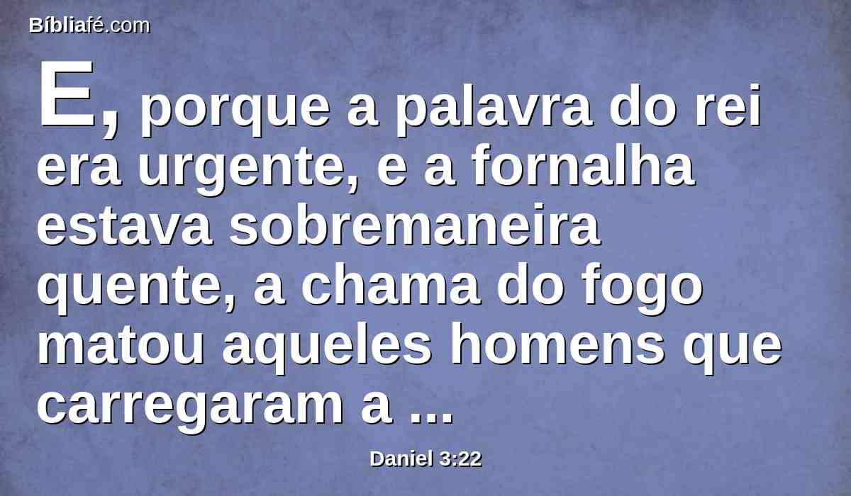 E, porque a palavra do rei era urgente, e a fornalha estava sobremaneira quente, a chama do fogo matou aqueles homens que carregaram a Sadraque, Mesaque, e Abednego.