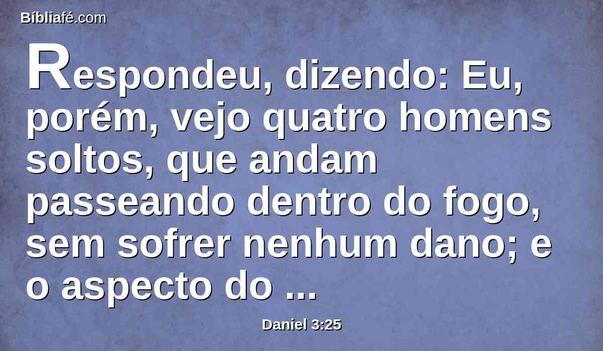 Respondeu, dizendo: Eu, porém, vejo quatro homens soltos, que andam passeando dentro do fogo, sem sofrer nenhum dano; e o aspecto do quarto é semelhante ao Filho de Deus.