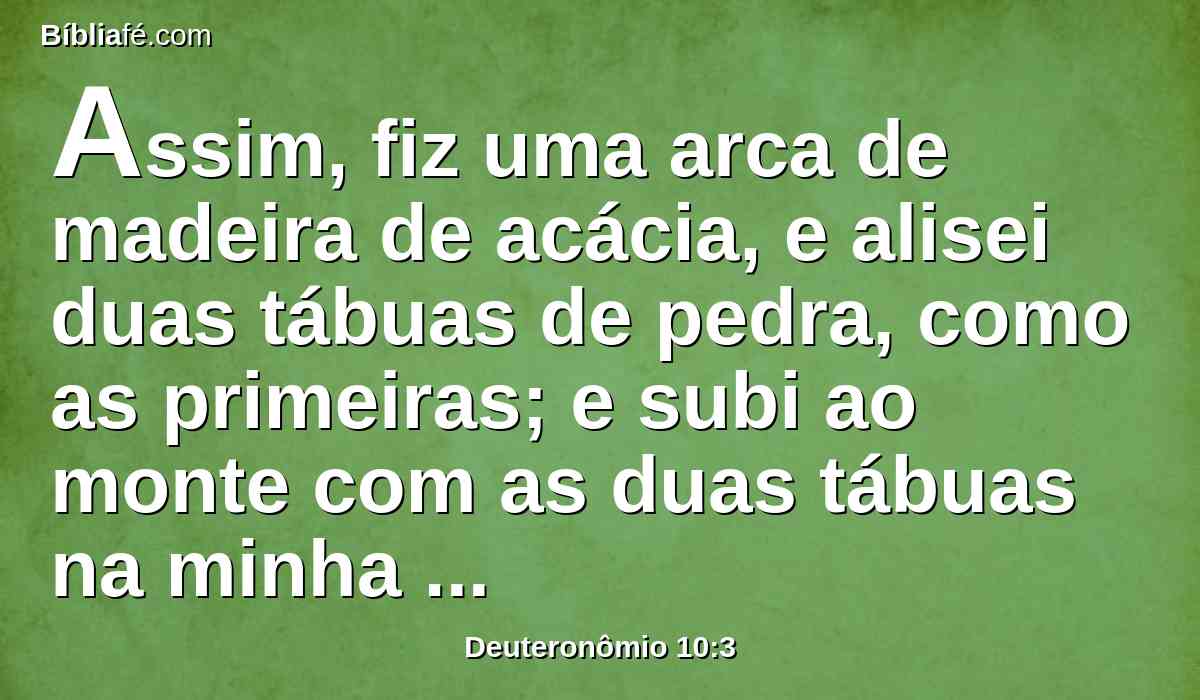Assim, fiz uma arca de madeira de acácia, e alisei duas tábuas de pedra, como as primeiras; e subi ao monte com as duas tábuas na minha mão.