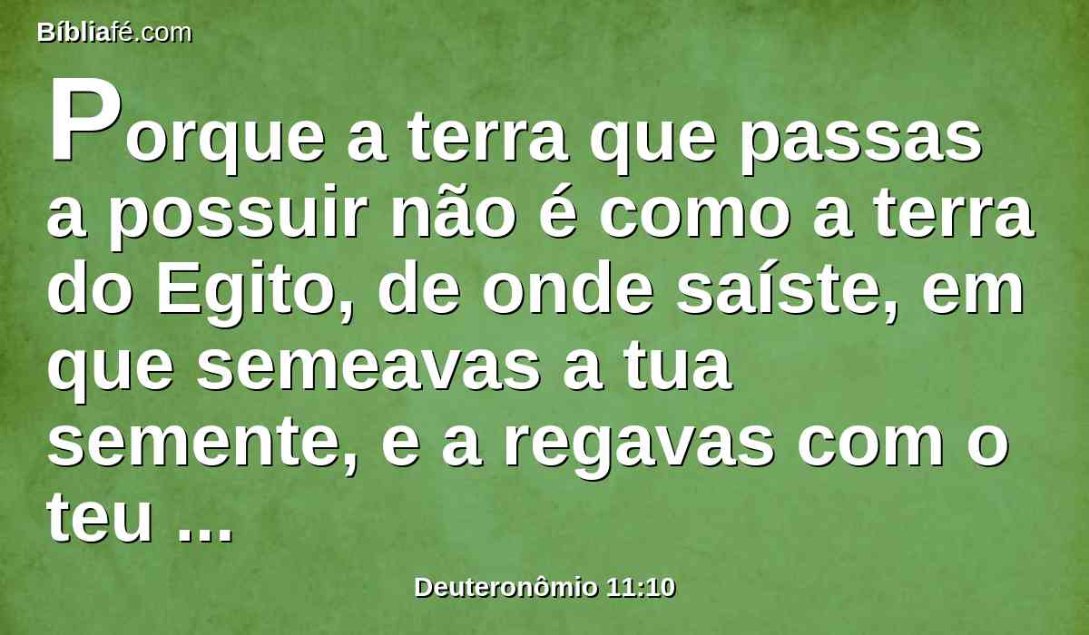 Porque a terra que passas a possuir não é como a terra do Egito, de onde saíste, em que semeavas a tua semente, e a regavas com o teu pé, como a uma horta.