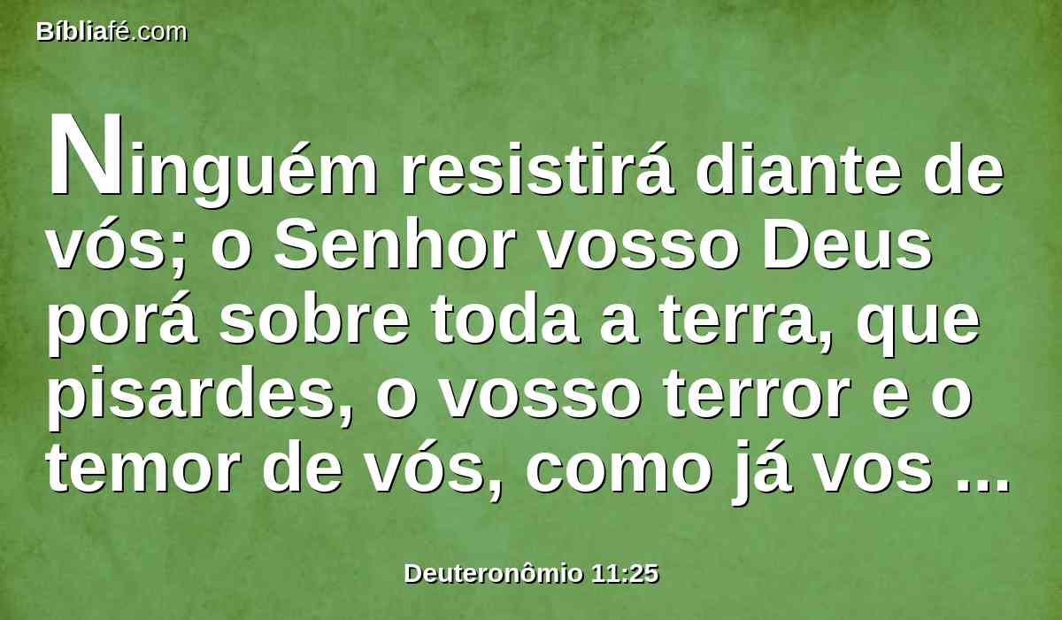 Ninguém resistirá diante de vós; o Senhor vosso Deus porá sobre toda a terra, que pisardes, o vosso terror e o temor de vós, como já vos tem dito.