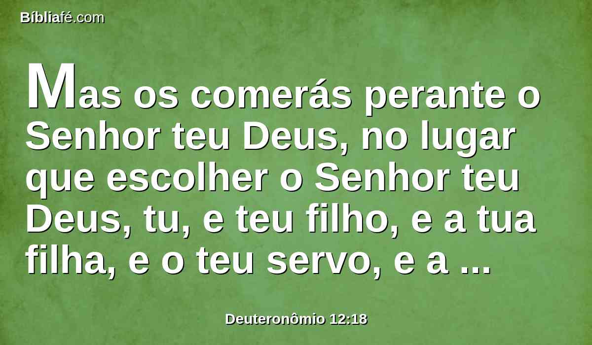 Mas os comerás perante o Senhor teu Deus, no lugar que escolher o Senhor teu Deus, tu, e teu filho, e a tua filha, e o teu servo, e a tua serva, e o levita que está dentro das tuas portas; e perante o Senhor teu Deus te alegrarás em tudo em que puseres a tua mão.