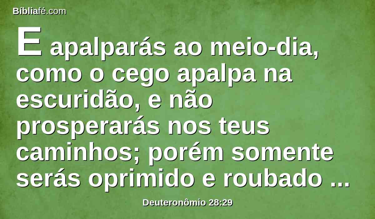 E apalparás ao meio-dia, como o cego apalpa na escuridão, e não prosperarás nos teus caminhos; porém somente serás oprimido e roubado todos os dias, e não haverá quem te salve.
