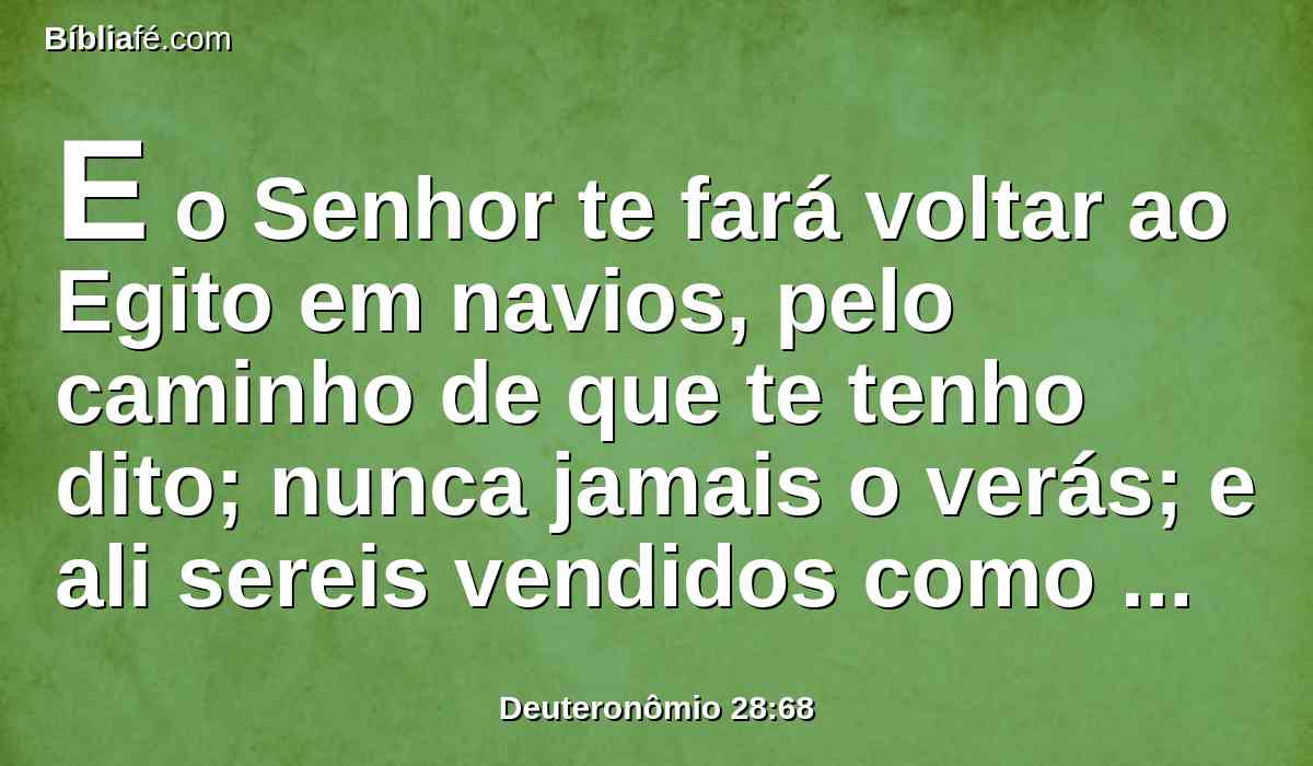 E o Senhor te fará voltar ao Egito em navios, pelo caminho de que te tenho dito; nunca jamais o verás; e ali sereis vendidos como escravos e escravas aos vossos inimigos; mas não haverá quem vos compre.