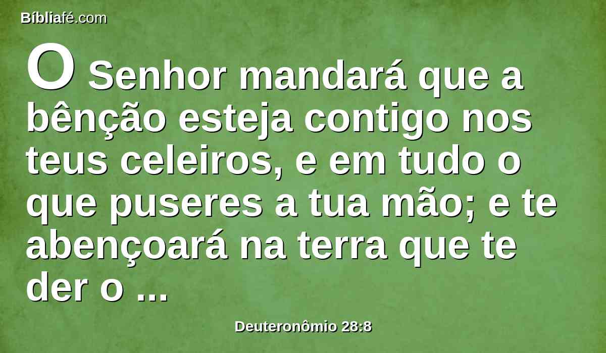 O Senhor mandará que a bênção esteja contigo nos teus celeiros, e em tudo o que puseres a tua mão; e te abençoará na terra que te der o Senhor teu Deus.