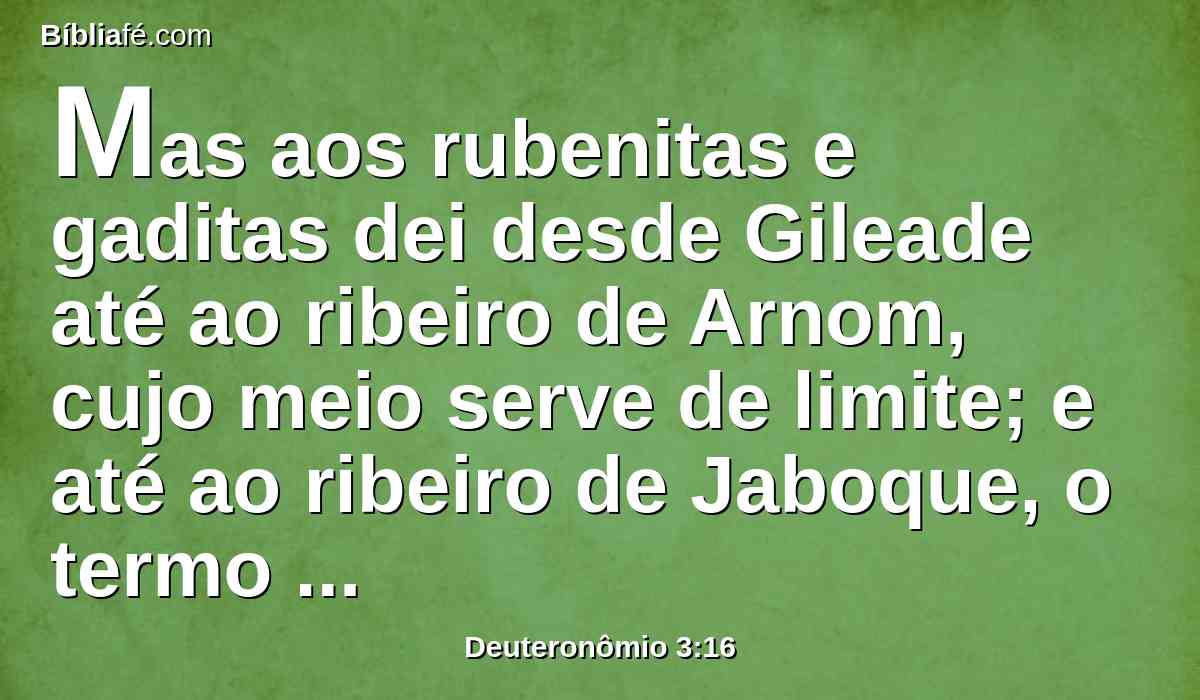 Mas aos rubenitas e gaditas dei desde Gileade até ao ribeiro de Arnom, cujo meio serve de limite; e até ao ribeiro de Jaboque, o termo dos filhos de Amom.
