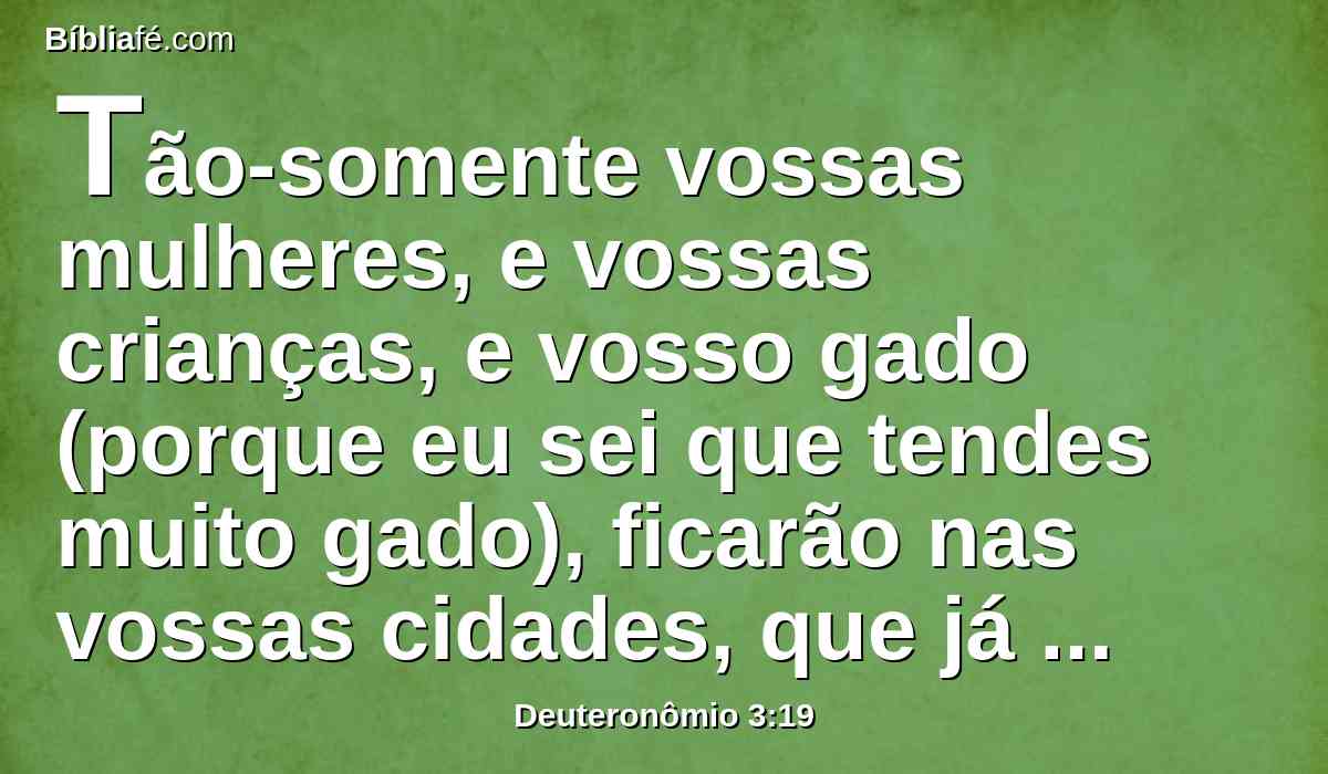 Tão-somente vossas mulheres, e vossas crianças, e vosso gado (porque eu sei que tendes muito gado), ficarão nas vossas cidades, que já vos tenho dado.