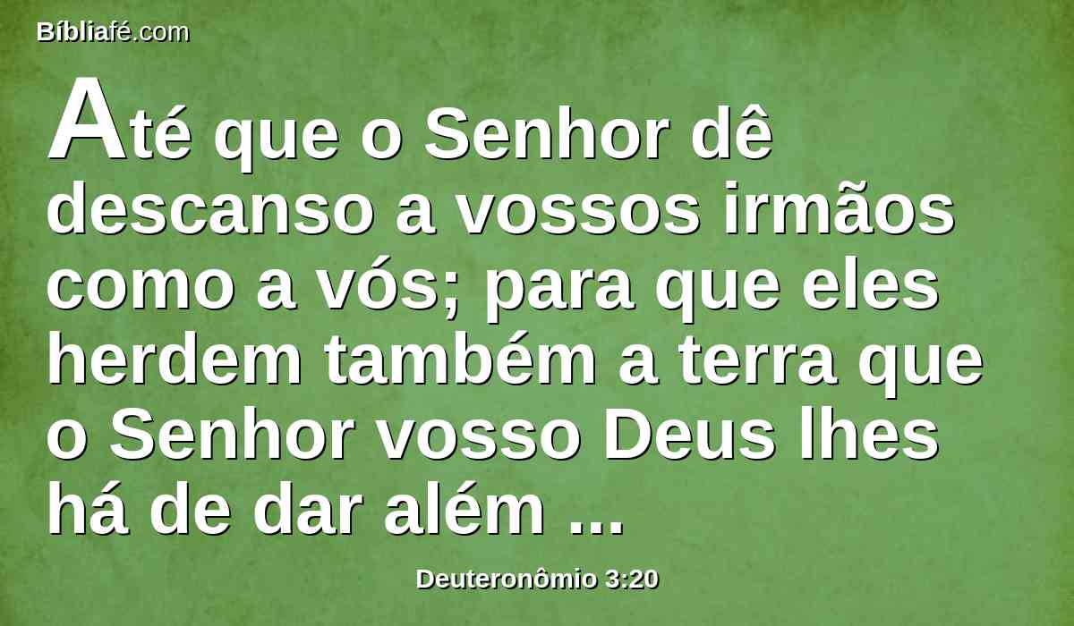 Até que o Senhor dê descanso a vossos irmãos como a vós; para que eles herdem também a terra que o Senhor vosso Deus lhes há de dar além do Jordão; então voltareis cada qual à sua herança que já vos tenho dado.