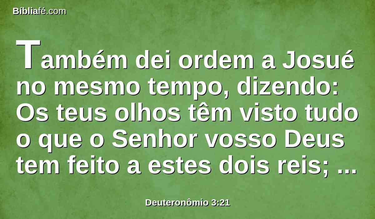 Também dei ordem a Josué no mesmo tempo, dizendo: Os teus olhos têm visto tudo o que o Senhor vosso Deus tem feito a estes dois reis; assim fará o Senhor a todos os reinos, a que tu passarás.